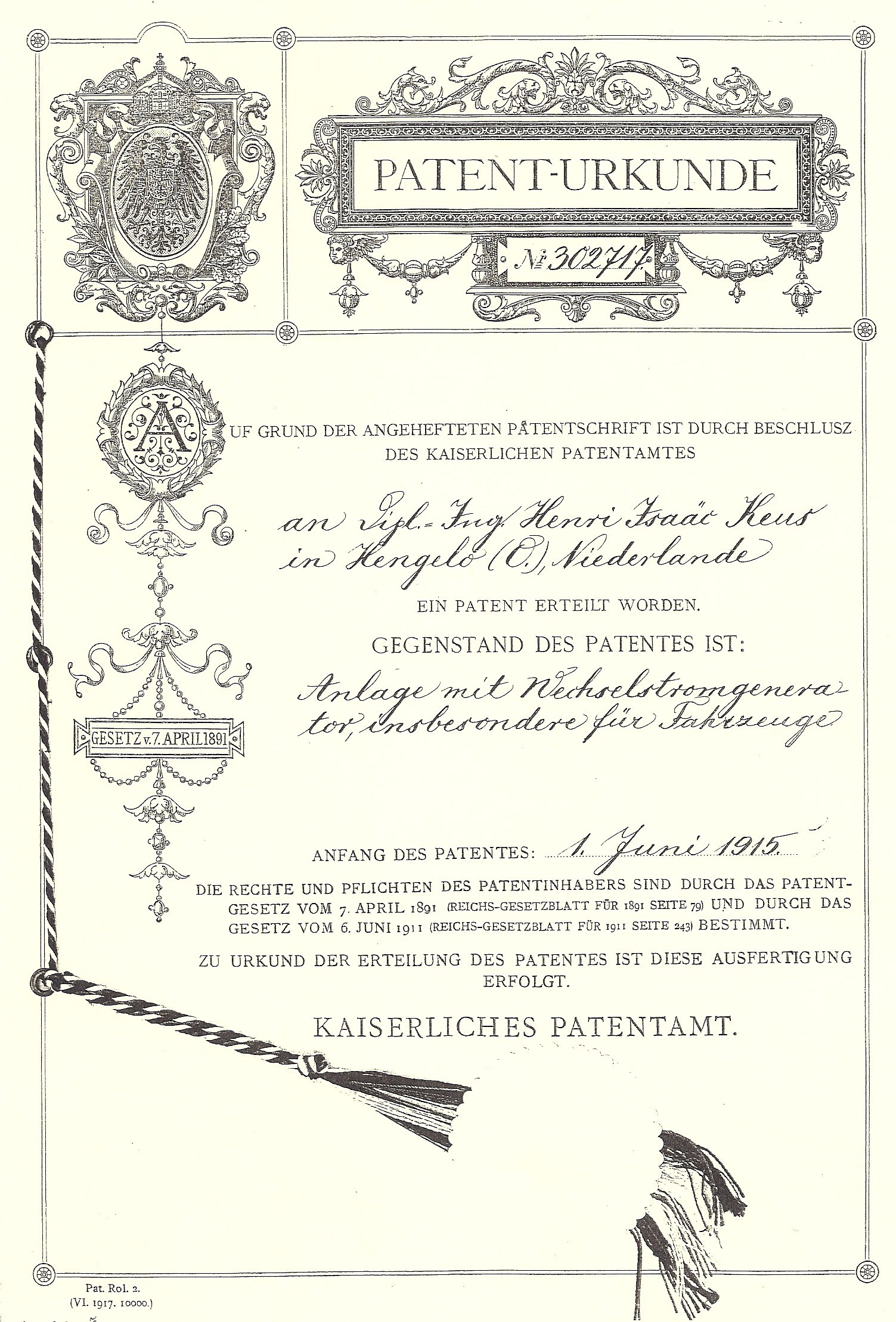 Patent Keus 1915