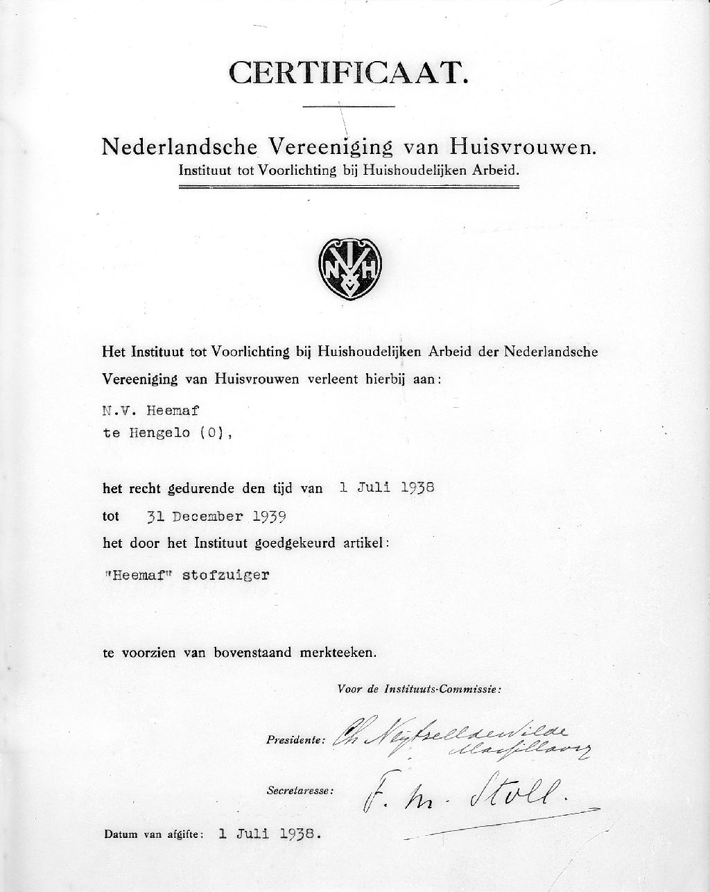 Certificaat voor stofzuigers van de Heemaf 1938