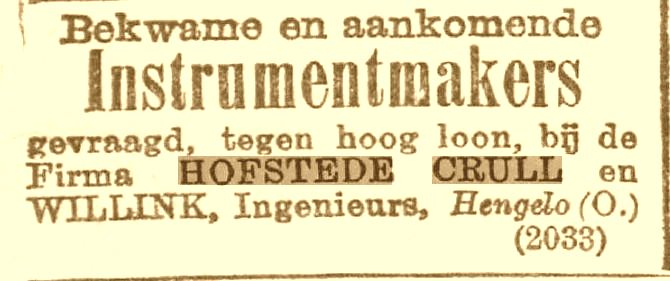 Personeelsadvertentie 14-09-1900 Hofstede Crull en Willink